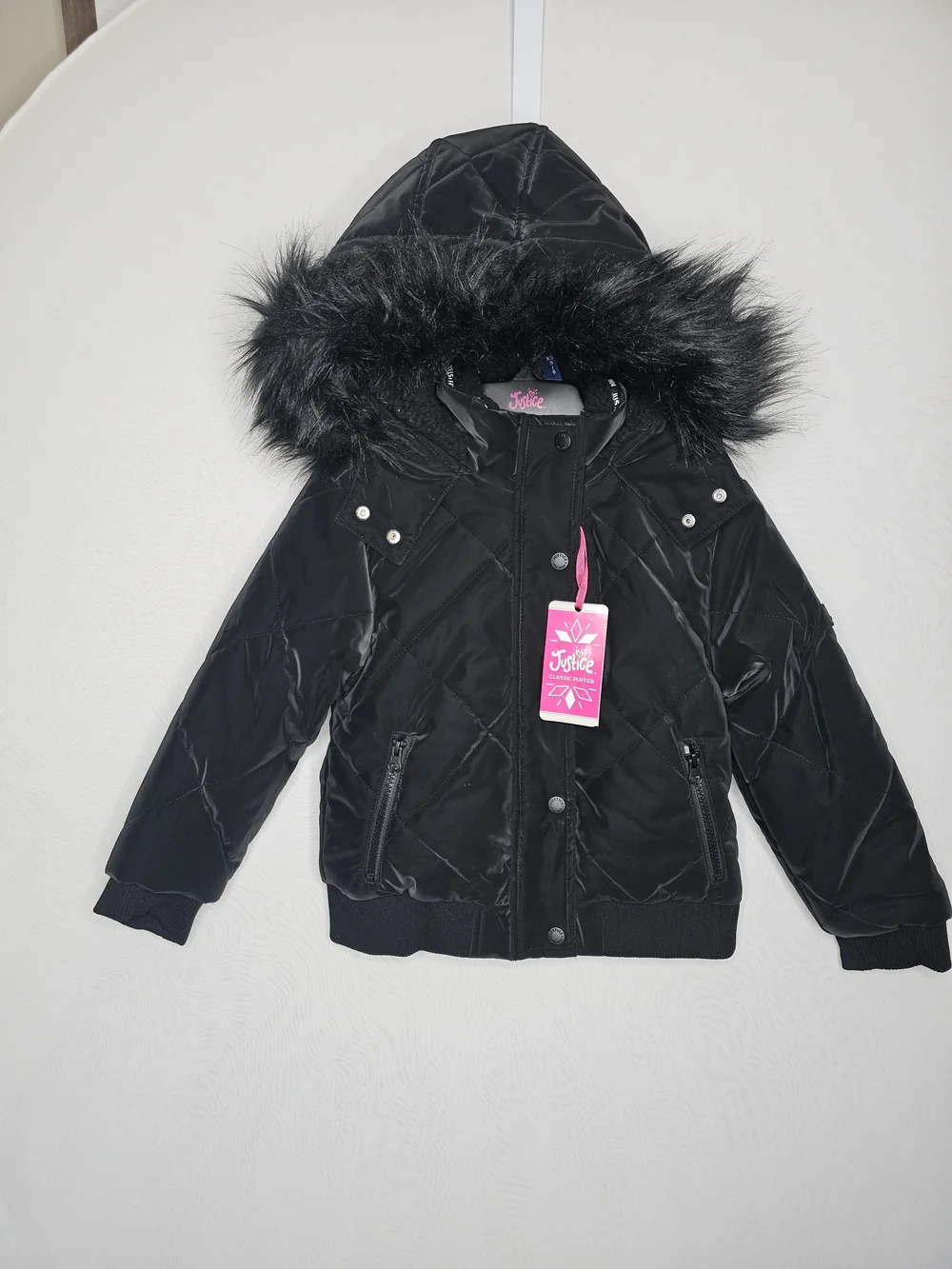 NWT Justice Girls Black Classic Puffer Jacket Faux Fur Hood Size XS (5/6)